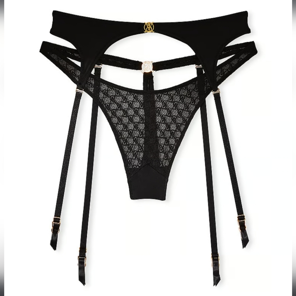 Victoria Secret Very Sexy Embroidery Garnet Belt and Monogram Fishnet Thigh High